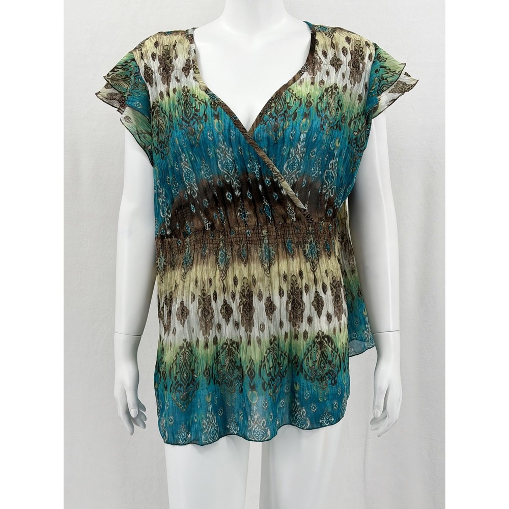 Notations Top Womens 1X Blue Green‎ Sheer Surplice Flutter Sleeve Boho V-Neck